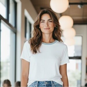 J.Crew White Tee with Striped Ribbed Neckline Size L